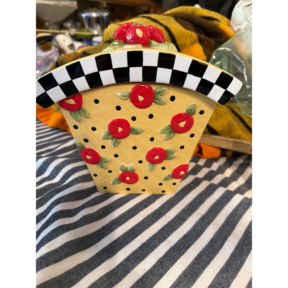 Mary Engelbreit Charpente Ceramic Canister Yellow Polka Dot Rose Cherry Jar